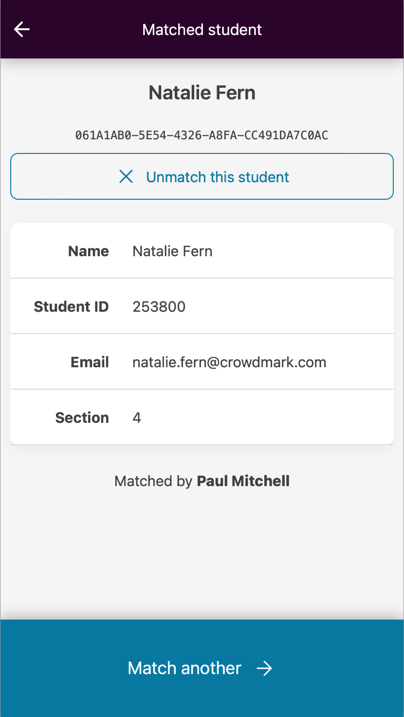 post-match Student matched with Exam Matcher